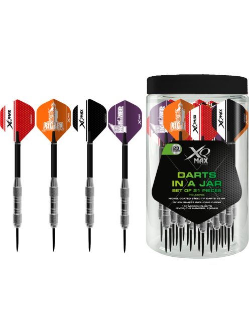 XQ Max Darts szett steel, 21 db 23 g nyíl, szár, toll, vegyes színben, műa. Dobozban